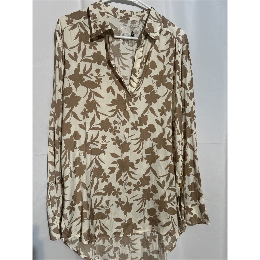 Cupio Office Career Floral Beige Long Sleeve Blouse Size M